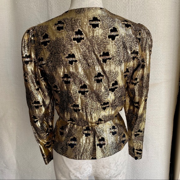 Vintage 60s 70s Metallic Top S Disco Party Blouse Black Gold Print - Picture 5 of 8